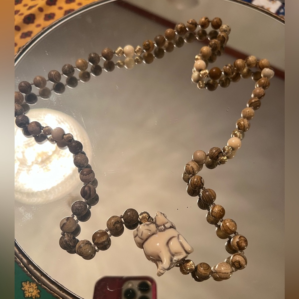 Sandstone Long Necklace with Carved Cat and Gold Beads